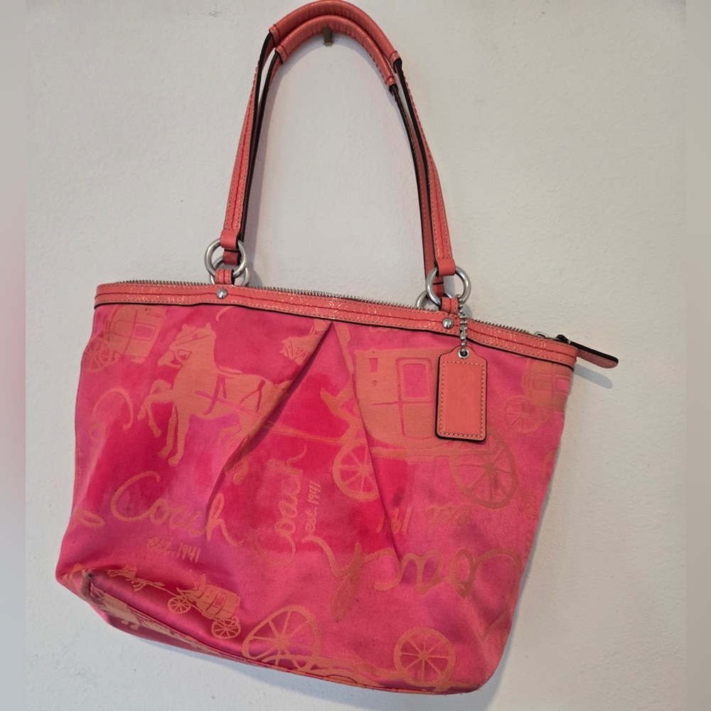 Coach Horse & Carriage Signature Pink Coral Canvas & Peach Leather Shoulder Bag